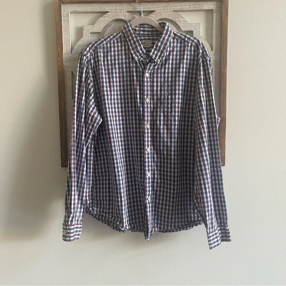 J.Crew Sunwashed Oxford Shirt Mens XL Tailored Blue Red Plaid Button Down Cotton